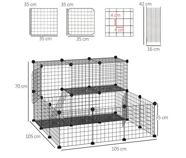 Conforama PawHut Valla Para Animales Pequeños DIY Con 24 Paneles Parque Para Mascotas Con Malla Metálica Jaula Modular Para Cobayas Conejos Chinchillas 105x105x70 Cm Negro