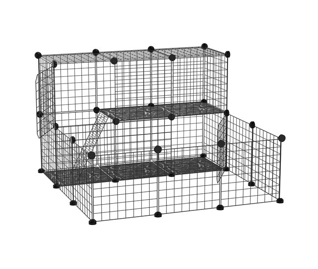 Conforama PawHut Valla para Animales Pequeños DIY con 24 Paneles Parque para Mascotas con Malla Metálica Jaula Modular para Cobayas Conejos Chinchillas 105x105x70 cm Negro