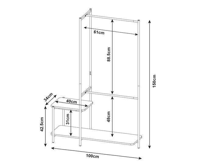 Conforama Perchero Burro Bø Con 2 Estantes 2 Barras Acero 150x100x34cm - Negro [en.casa]