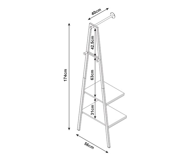 Conforama Perchero Burro De Pared Bjørnafjorden Con 2 Estantes 2 Barra Acero 174x56x40cm - Negro/Nogal [en.casa]