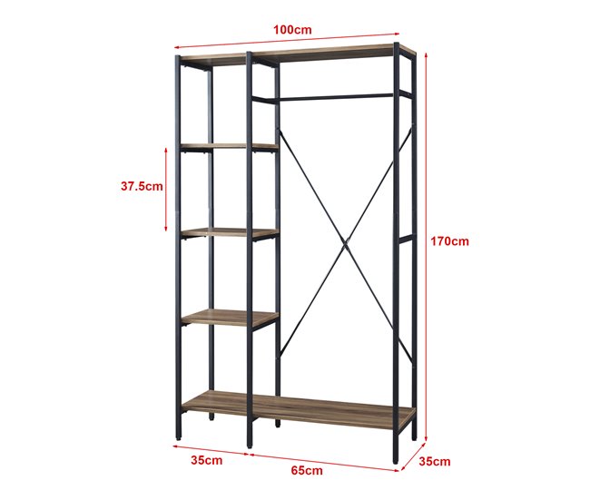 Conforama Perchero Burro Hvidovre Metal/aglomerado Con 5 Estantes 170 X 100 X 35 Cm - Negro / Efecto Madera [en.casa]