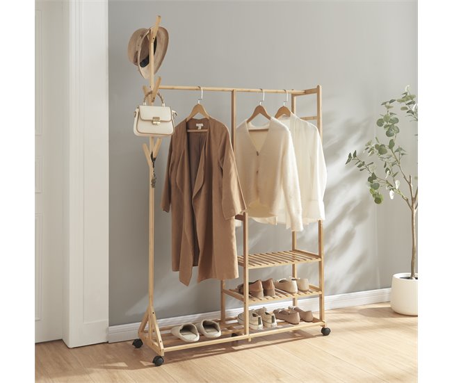 Conforama Perchero Burro Ikaalinen Con Estantes 6 Perchas Bambú 176x100x38 Cm - Natural [en.casa]
