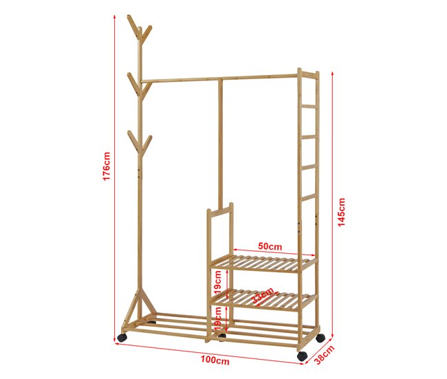 Conforama Perchero Burro Ikaalinen Con Estantes 6 Perchas Bambú 176x100x38 Cm - Natural [en.casa]