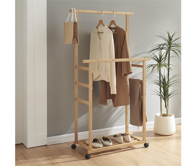 Conforama Perchero Burro Ilmajok Con Ruedas Zapatero Bambú 147x70x36 Cm - Natural [en.casa]