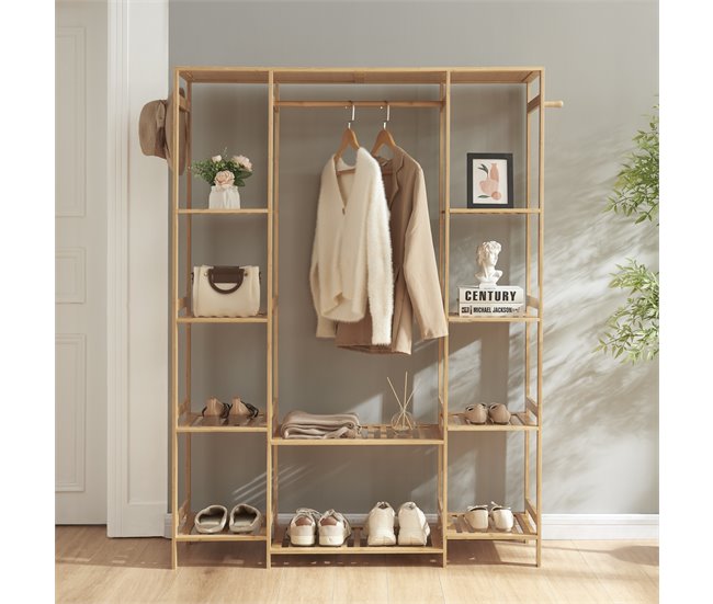 Conforama Perchero Burro Ilomantsi Con Estantes Perchas Bambú 165x122x35 Cm - Natural [en.casa]