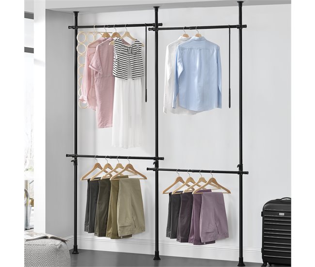 Conforama Perchero Burro Ropa Telescópico Kemi 105-278 X 150 - 230 Cm Ajustable 4 X Ganchos Máx. 20 Kg Acero Plástico - Negro [en.casa]