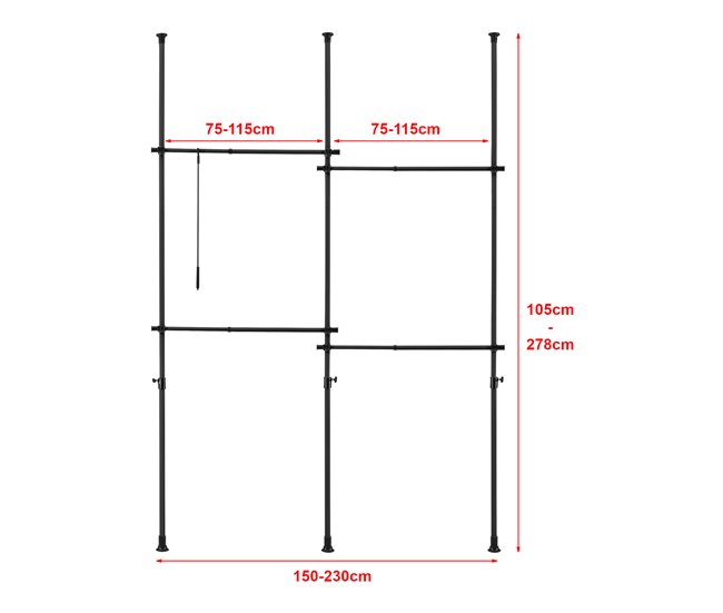 Conforama Perchero Burro Ropa Telescópico Kemi 105-278 X 150 - 230 Cm Ajustable 4 X Ganchos Máx. 20 Kg Acero Plástico - Negro [en.casa]