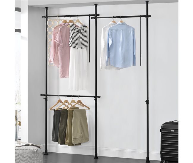 Conforama Perchero Burro Ropa Telescópico Kemi 105-278 X 150 - 230 Cm Ajustable 3 X Ganchos Máx. 20 Kg Acero Plástico - Negro [en.casa]