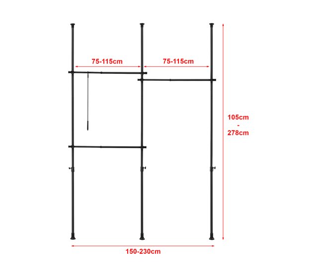 Conforama Perchero Burro Ropa Telescópico Kemi 105-278 X 150 - 230 Cm Ajustable 3 X Ganchos Máx. 20 Kg Acero Plástico - Negro [en.casa]