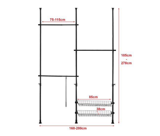 Conforama Perchero Burro Ropa Telescópico Kemi 105-278 X 160-200 Cm Ajustable 3 X Ganchos Máx. 20 Kg Acero Plástico - Negro [en.casa]