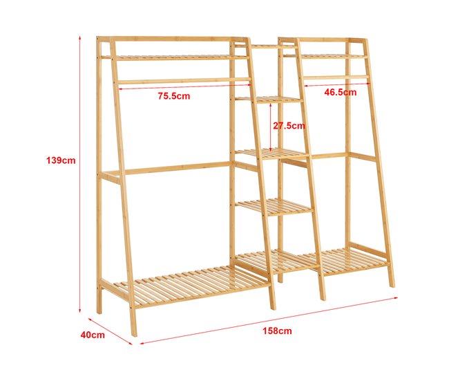 Conforama Perchero Burro Sogndal Con 2 Barras Y 9 Estantes Bambú 139 X 158 X 40 Cm Color Natural [en.casa]