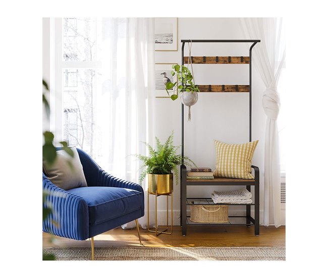 Conforama Perchero Con 9 Ganchos Y Zapatero L72 Cm - Marrón Rustico Y Negro