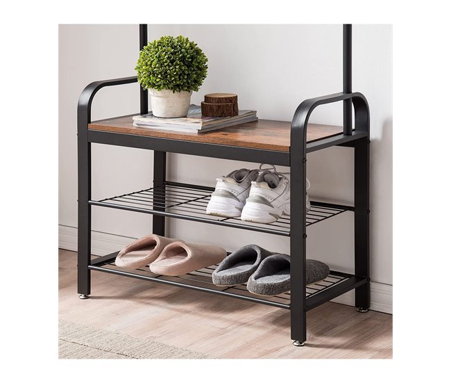 Conforama Perchero Con 9 Ganchos Y Zapatero L72 Cm - Marrón Rustico Y Negro