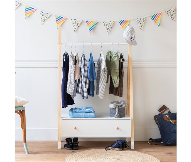 Conforama Perchero De Madera Y Blanco Con Cajón Para Niños LOU 80×40×130 Cm