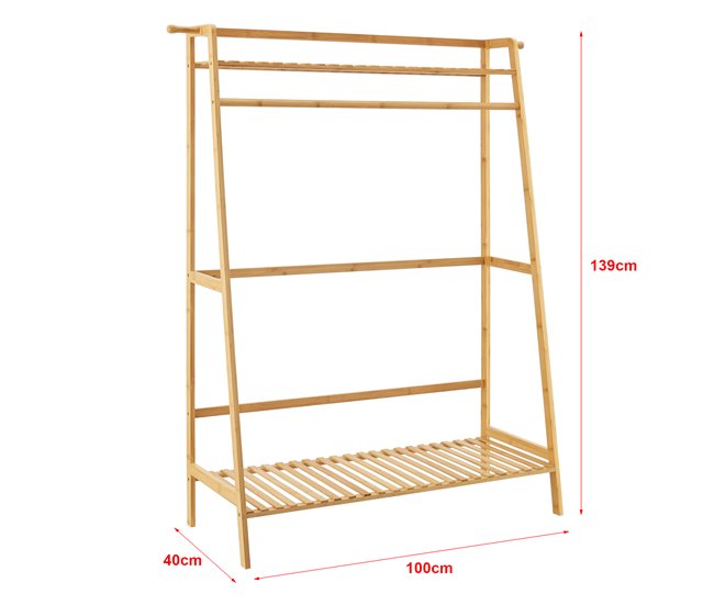 Conforama Perchero Föglö Con 2 Estantes Y 2 Ganchos Bambú 139 X 100 X 40 Cm Natural [en.casa]