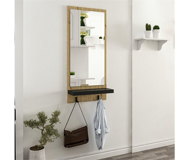 Conforama Perchero Panel Mural Humlebæk Con 2 Ganchos Aglomerado 90x45x16 Cm Roble / Negro [en.casa]