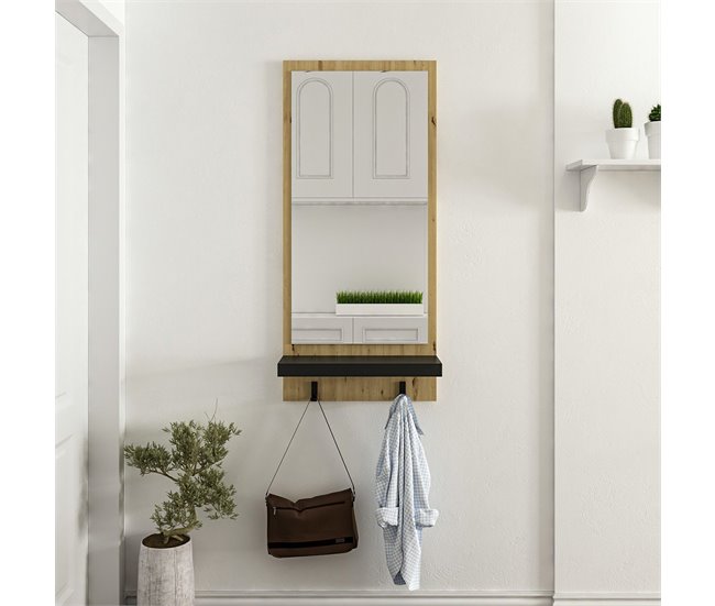 Conforama Perchero Panel Mural Humlebæk Con 2 Ganchos Aglomerado 90x45x16 Cm Roble / Negro [en.casa]