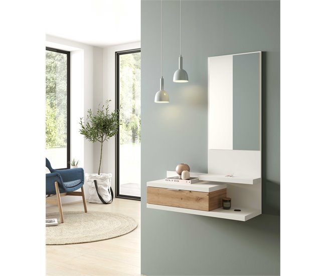 Conforama Recibidor DAHLIA Con Espejo Y Cajón Blanco Y Roble