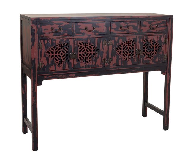 Conforama Recibidor de madera de abeto negro y granate con 4 puertas y 4 cajones de 120x40x102 cm