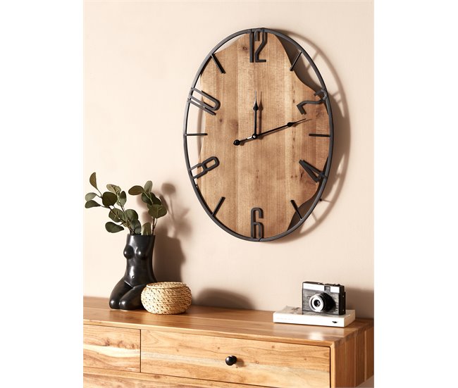 Conforama Reloj De Pared De Hierro Madera Clara Y Negro 46 X 60 Cm MEYNES