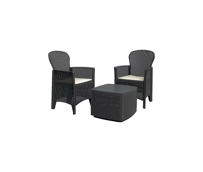 Conforama Salón de Jardín Dakain Conjunto de jardín con 2 sillones y 1 mesa container Zona de estar efecto Rattan 100% Made in Italy Antracita