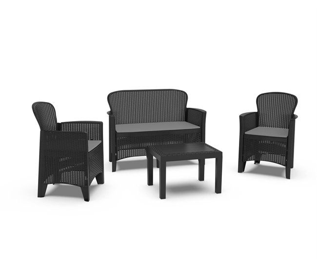 Conforama Salón de Jardín Debois Conjunto de jardín con 2 sillones 1 sofá y 1 mesa de centro Zona de estar efecto ratán con cojines 100% Made in Italy Antracita