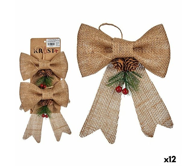 Conforama Set Adornos de Navidad Lazo Marrón Rojo Verde Fibra natural 14 x 3 x 19 cm (12 Unidades)