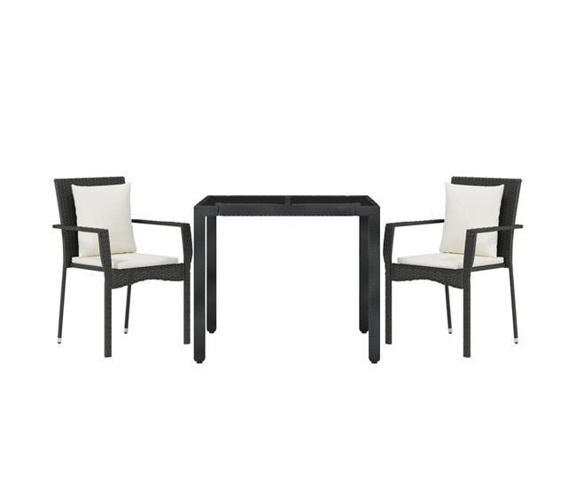 Conforama Set Comedor De Jardin 3 Piezas Con Cojines Ratán Sintético Negro Longitud Mesa 90 Cm