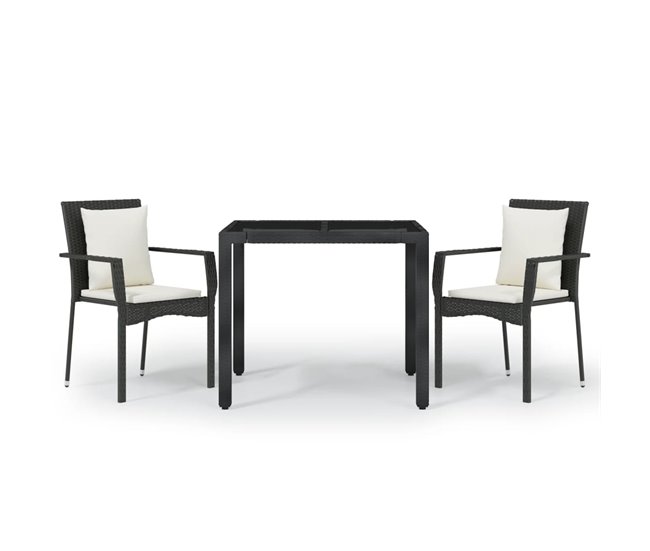 Conforama Set comedor de jardin 3 piezas con cojines ratán sintético negro longitud mesa 90 cm