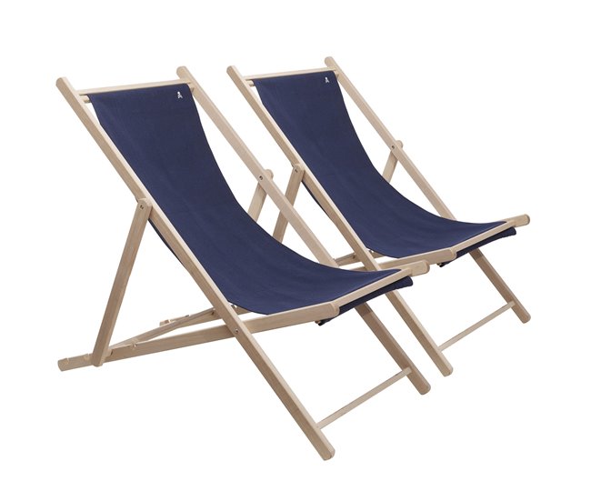 Conforama Set de 2 Hamacas de madera de haya plegable sin brazos estructura sin barniz lona color azul oscuro Scalpers