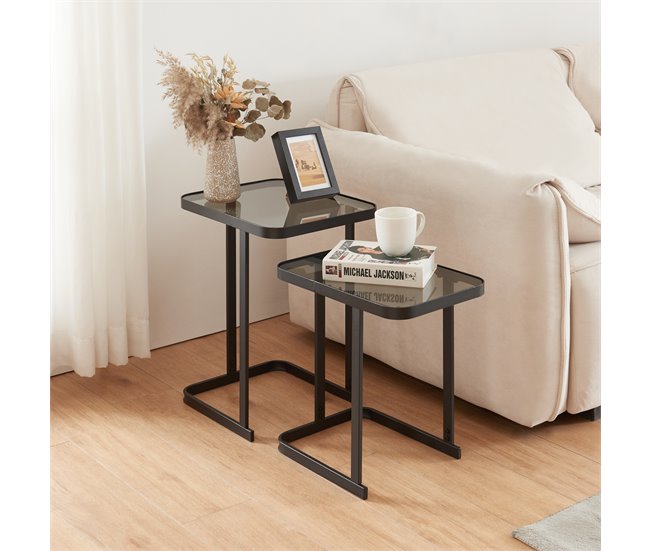 Conforama Set De 2 Mesas Auxiliares Nido Laxå Cristal Metal 41x32x51 Cm - Negro [en.casa]