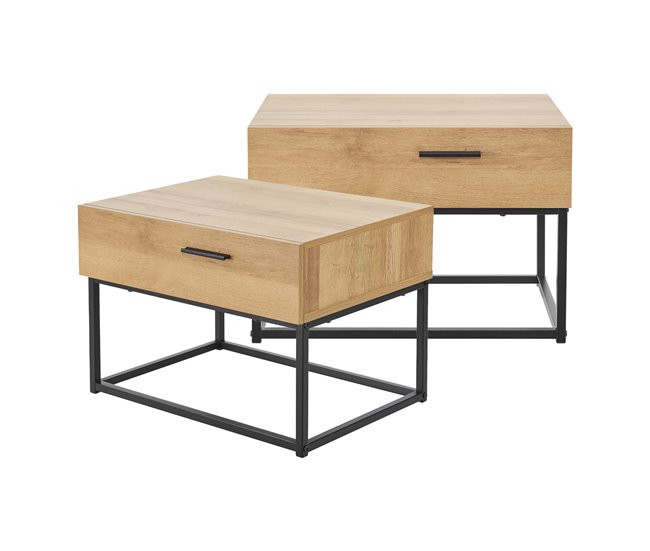 Conforama Set de 2 mesillas de noche Lavangen con cajón metal aglomerado 39x55x40cm - Roble/Negro [en.casa]