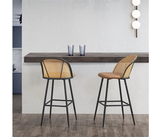 Conforama Set De 2 Taburetes De Bar Gausdal Polipiel / Metal / Ratán 102 X 44 X 63 Cm - Marrón Y Negro [en.casa]