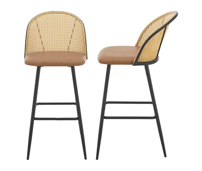 Conforama Set de 2 taburetes de bar Gausdal polipiel / metal / ratán 102 x 44 x 63 cm - Marrón y negro [en.casa]