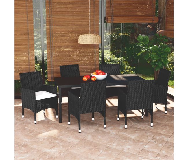 Conforama Set De Comedor De Jardin 7 Piezas Y Cojines Ratán Sintético Negro 185 Cm Table Length