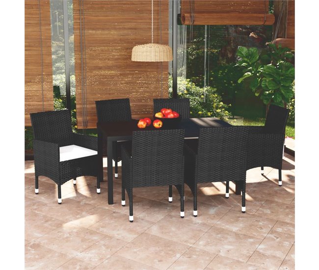 Conforama Set De Comedor De Jardin 7 Piezas Y Cojines Ratán Sintético Negro Longitud Mesa 150 Cm
