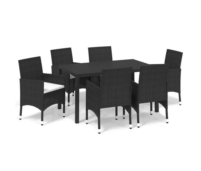 Conforama Set de comedor de jardin 7 piezas y cojines ratán sintético negro longitud mesa 150 cm