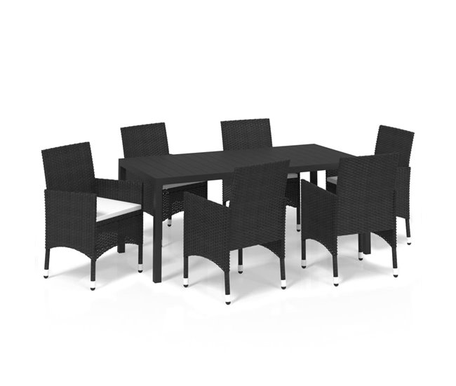 Conforama Set de comedor de jardin 7 piezas y cojines ratán sintético negro 185 cm table length