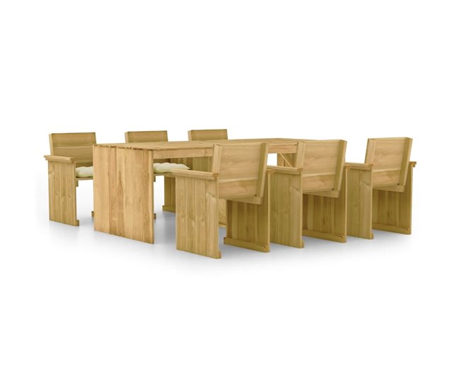 Conforama Set de comedor de jardín y cojines 7 pzs madera pino impregnada