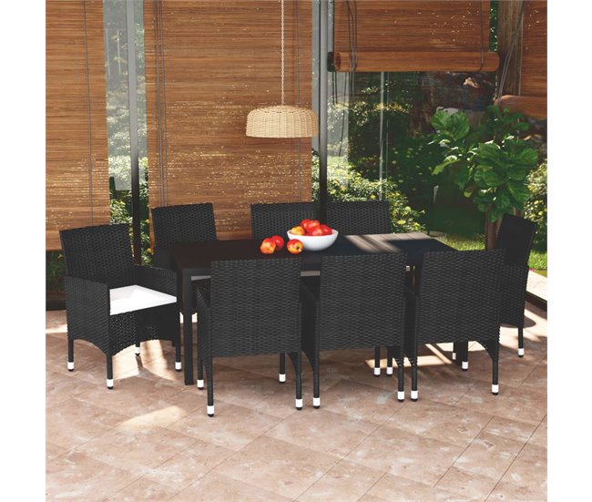 Conforama Set De Muebles De Jardin 9 Piezas Y Cojines Ratán Sintético Negro 185 Cm Table Length