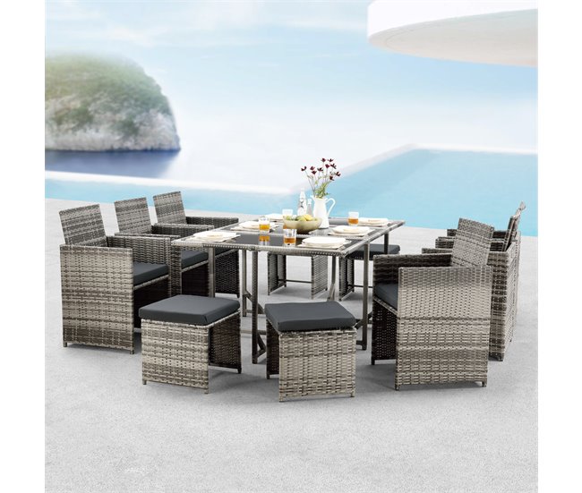 Conforama Set De Muebles De Jardín Laredo Con Cojines 11-Piezas Polyrattan Gris Meler [en.casa]