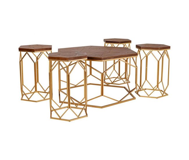 Conforama Set mesa de centro y 4 taburetes de metal dorado
