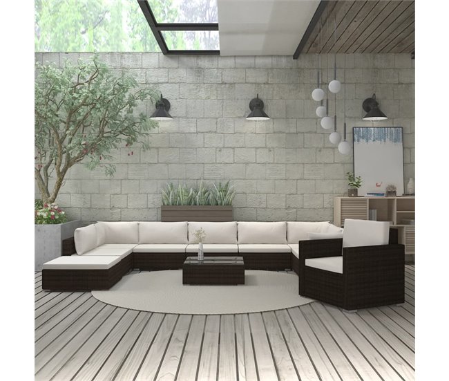 Conforama Set Muebles De Jardin 11 Piezas Con Cojines Ratán Sintético Marrón