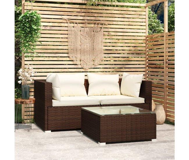 Conforama Set Muebles De Jardín 3 Piezas Y Cojines Ratán Sintético Marrón