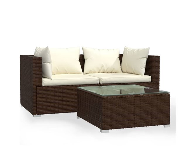 Conforama Set muebles de jardín 3 piezas y cojines ratán sintético marrón