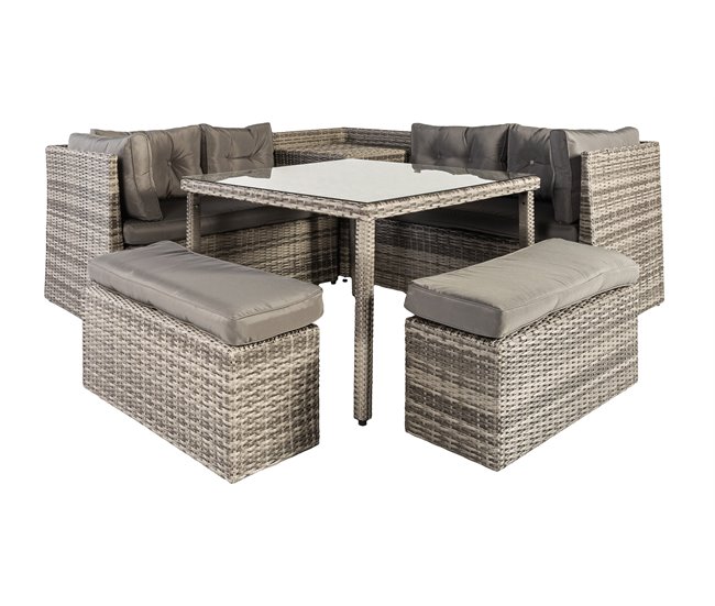 Conforama Set rinconera SEMINYAC III con mesa y puffs marrón