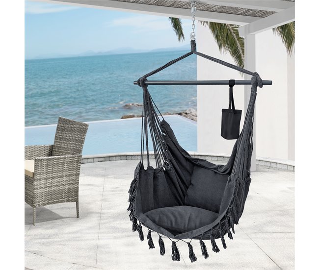 Conforama Silla Colgante Aranga Con Cuerdas Y 2 Cojines 150 X 120 X 170 Cm Gris Oscuro [en.casa]