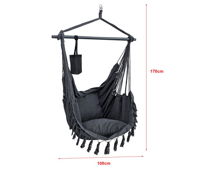Conforama Silla Colgante Aranga Con Cuerdas Y 2 Cojines 150 X 120 X 170 Cm Gris Oscuro [en.casa]