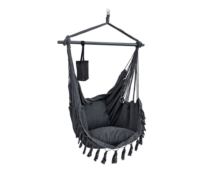 Conforama Silla colgante Aranga con cuerdas y 2 cojines 150 x 120 x 170 cm gris oscuro [en.casa]