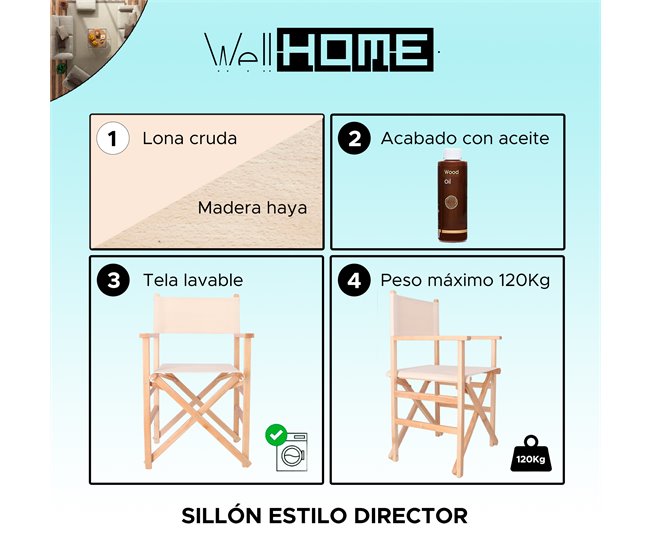 Conforama Sillon Director Sunset Acabado En Aceite Lona Cruda 51x46x86 Cm